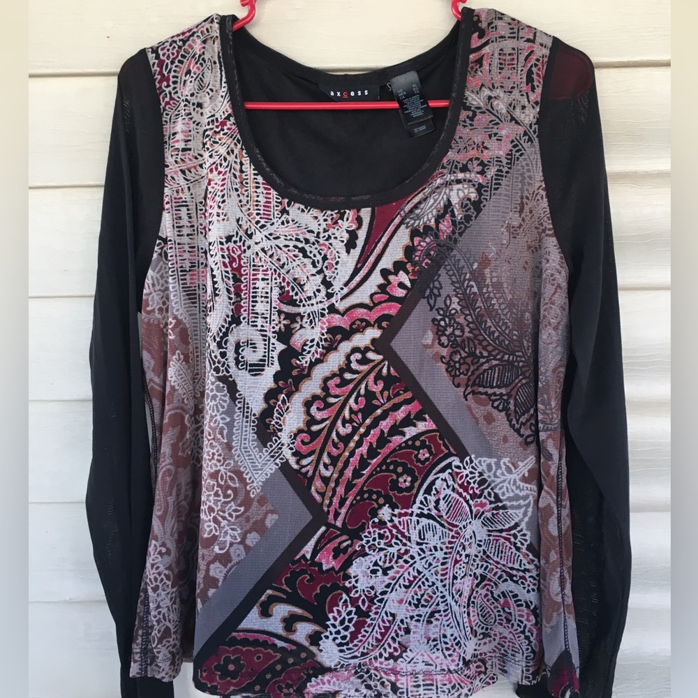 Woman’s Boho Top with long black sheer sleeves.